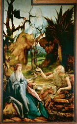 San Antonio visita a San Pablo Ermitaño desde el Altar de Isenheim (pintura sobre madera de tilo)