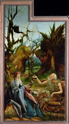 El retablo de Isenheim. Ala izquierda: Encuentro de San Antonio y San Pablo el Anacoreta en el Desierto