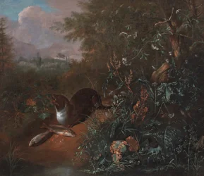 Bodegón de bosque con una nutria y dos peces, c.1650-1700 (óleo sobre lienzo)
