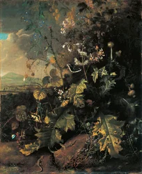 Suelo del bosque con mariposas y lagartijas