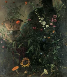 Malvarrosas, Rosas, una Flor de Encaje Azul, Girasol y Hongos, con Caléndulas en una Urna junto a un Árbol