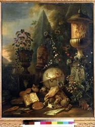 Vanitas, bodegón con jarrón (Vanitas, bodegón con jarrón). Pintura de Matthias Withoos (1627-1703). Óleo sobre lienzo, 83 x 67 cm. Arte holandés del siglo XVII. Museo Pushkin de Bellas Artes, Moscú.