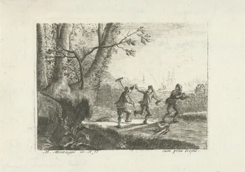 Paisaje con tres campesinos bailando