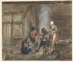 Interior con una familia alrededor de una chimenea