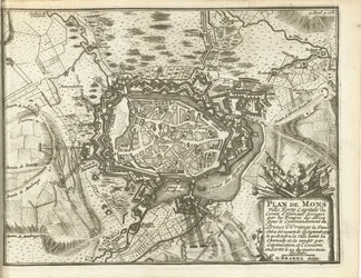 Beleg van Bergen, 1709 Plano de Mons Ville Forte (...) Asediado por las tropas alliez. bajo el mando del Príncipe de Orange (...) (título sobre objeto)