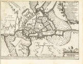 Beleg van Gent, 1708 Mapa del asedio y ataques de la ciudad y ciudadela de Gante sitiada por los ejércitos de los aliados el 22 de diciembre de 1708 bajo el liderazgo del príncipe y duque de Marlborough (título sobre el objeto)
