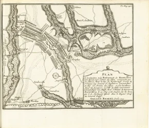 Escoria bij Ramillies, 1706 Plano del Castillo de la Ciudad y Fuerte de Huy sitiado por los Ejércitos del S.A.E. de Baviere & du Marechal de Villeroy le 26 de mayo de 1705 (título sobre el objeto)