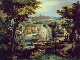 Paisaje fluvial, de Mathys Bril Younger (1550-1583), óleo sobre cobre