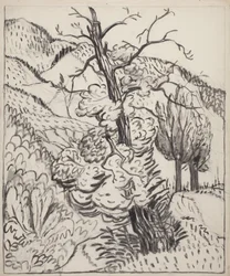 Tree on Mountainside, c.1930 (pincel, tinta y carboncillo sobre papel de estraza blanco)