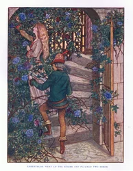 Ermentrude subió las escaleras y recogió las rosas, ilustración de Los Cuentos de Hadas de Lady Ann, 1914
