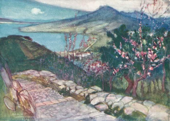 El Vesubio y la bahía de Nápoles (litografía en color)
