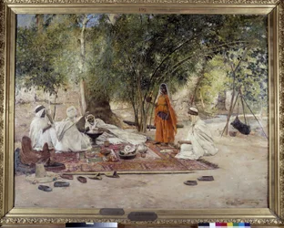 La comida de la hospitalidad. Escena de la vida árabe en el oasis de Chelma cerca de Biskra, Argelia. Pintura de Maurice Bompard (1857-1936) 1891