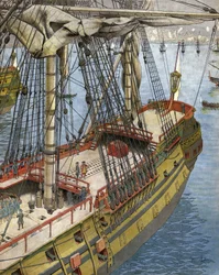 Bombardeo e incendio de la ciudad de Argel en 1682: Abraham Marqués Duquesne (entre 1604 y 1610-1688), un oficial de la marina francesa, observa desde su barco el efecto producido por las bombas galiotes. Cromotipografía en "Le Roy Soleil" (Luis XIV) por G