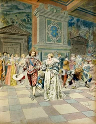 Historia de Francia: George Villiers, Duque de Buckingham (1592-1628) en la corte de Francia, sembró sus perlas bajo los pies de los cortesanos. Ilustración de Maurice Leloir (1853-1940) en “Richelieu”