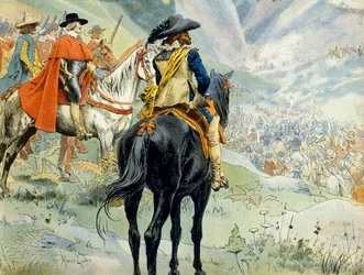 Historia de Francia: Guerra de la Sucesión de Mantua (1628-1631) durante la Guerra de los Treinta Años. La batalla del Paso de Suze (Susa) representando al Rey Luis XIII (1601-1643) y al Cardenal Richelieu (Armand Jean du Plessis)
