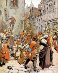 Les Dragonnades (1681-1685): dispersión de una familia protestante por las tropas de dragones encargadas de convertir a los protestantes. Cromotipografía en "Le Roy Soleil" (Luis XIV) por Gustave Toutwelve, Ilustración de Maurice Leloir (1853-1940)