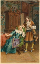 Moliere lee una nueva obra a Armande Bejart (ilustración)