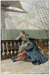 En el barco - en “Historia de Manon Lescaut y del caballero Des Grieux” por el abate Prévost (1697-1763), escritor francés. Grabado según dibujos de Maurice Leloir (1885)