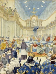 Richelieu pronunció el discurso, en nombre del secretario, en la reunión de clausura de los Estados Generales de 1614 - en "Richelieu" por Maurice Leloir