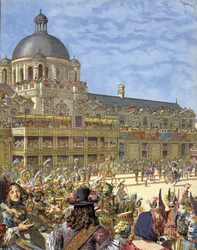 El Carrusel Real (torneo de caballeros), dado en 1662, frente al Palacio de las Tullerías en París bajo Luis XIV conocido como Le Roi-Soleil (Rey Sol o Luis el Grande)