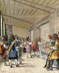 El pintor Charles Lebrun (Le Brun) (1619-1690), director de la manufactura, explicando a Luis XIV, conocido como el Rey Sol