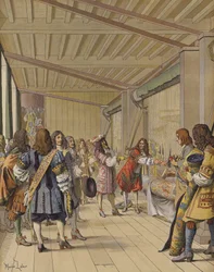 Visita del Rey Luis XIV a Gobelins, Lebrun mostrándole los talleres