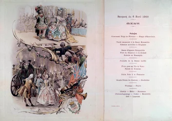 Menú de boda con ilustración de Maurice Leloir (1851-1940) de bailes en disfraces y escenas galantes, 6/04/1900