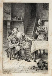 En “Historia de Manon Lescaut y del caballero Des Grieux” por el abate Prévost (1697-1763), escritor francés. Grabado según dibujos de Maurice Leloir (1885)