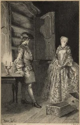 El descubrimiento del robo - en «Histoire de Manon Lescaut et du chevalier Des Grieux», de Abbé Prévost (1697-1763), escritor francés. Grabado a partir de dibujos de Maurice Leloir (1885).