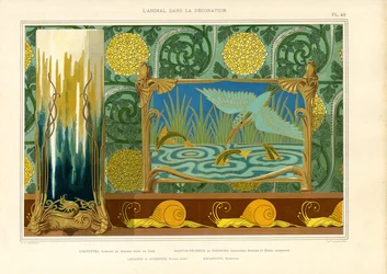 Decoración Art Nouveau con aves acuáticas, peces y caracoles (litografía)