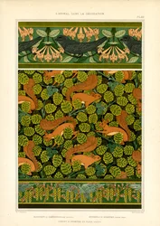 Ornamentación Art Nouveau con pájaros, ardillas y elementos florales (litografía)