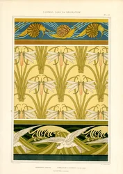 Bordes y motivos superficiales con animales marinos, libélulas y gaviotas (litografía)
