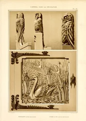 Diseños de artes decorativas con motivos de loros, águilas y cisnes (litografía)