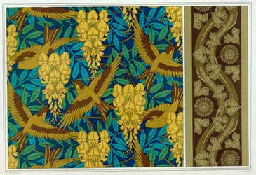 Diseños para Pájaros y Glicinas Colgantes y borde de papel tapiz con Lagartijas y Hiedra