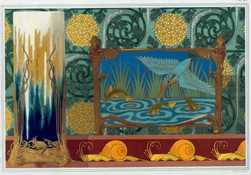 Diseños para soporte de jarrón de bronce, papel tapiz y borde, y jardinera de esmalte y bronce, pub. 1897