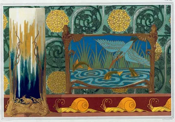 Diseños para soporte de jarrón de bronce, papel pintado y cenefa, y jardinera de esmalte y bronce "Camarón", "Caracoles", Lagartijas y espino", "Martín pescador y pez", de 
