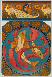 Diseños para una cenefa de pavos reales y amapolas, publicados en 1897.