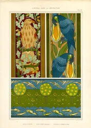 Bordes ornamentales con águila, loros y friso paisajístico (litografía)