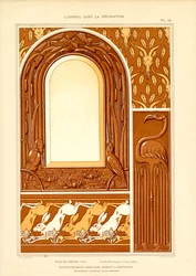 Marco ornamental con aves acuáticas y liebres (litografía)
