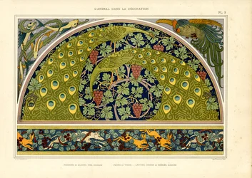 Motivos de pavo real y liebre como composición decorativa Art Nouveau
