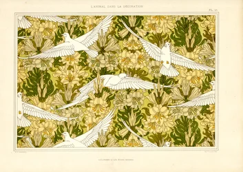 Patrón textil con palomas blancas y lirios (litografía)