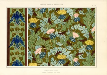 Ornamentación de cardos con insectos y cuervos (litografía)