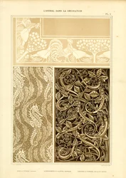 Ornamentación animal en tres partes con gallo, caballitos de mar y lagartos (litografía)