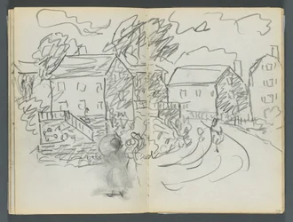 Cuaderno de bocetos, The Dells, N° 127, página 102 y 103: Paisaje con casas y carretera