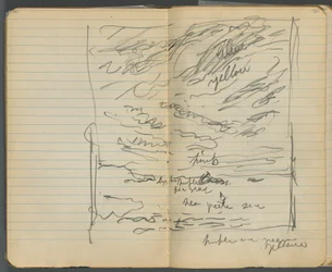 Cuaderno de bocetos, páginas 152 y 153: Vista del mar con anotaciones en color