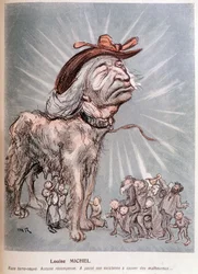 Caricatura de Louise Michel como un perro "raza terranova, sin recompensa, pasó su existencia salvando a los desafortunados"