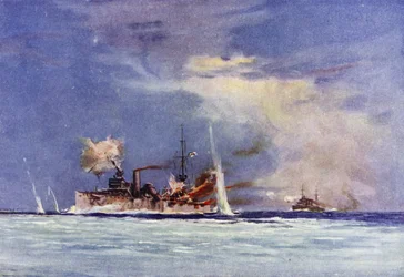 HMAS Sydney, comandado por el Capitán John Glossop, atacando el crucero alemán Emden, Batalla de Cocos, 9 de noviembre de 1914