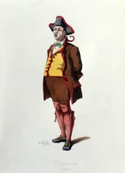Comedia del arte: el personaje de Gianduia o Gianduja. Es un campesino de los alrededores de Turín con una fuerte inclinación por el vino y la gastronomía. Lámina tomada de «Máscaras y bufones» de Maurice Sand
