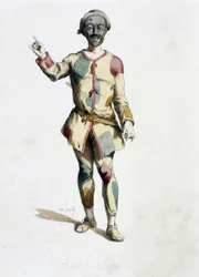 Arlequín (Arlechino) de “Máscaras y bufones” (comedia italiana), texto y dibujos por Maurice Sand, grabados por A. Manceau, prefacio por Georges Sand