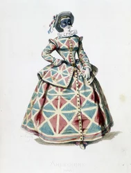 Traje y máscara de Arlequín en 1855, personaje femenino de Arlequín en la commedia dell